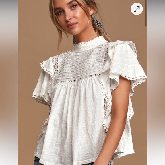 Free People Tops - Free People Le Femme Ivory Ruffled Short Sleeve Tee L NWT